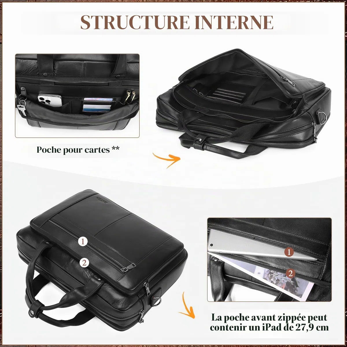 BAIGIO Sacoche Ordinateur Homme Cuir 15,6 Pouces Cartable Porte Document Homme Sac Business Malette Hommes Sacoche Travail Serviette Business Hommes Sac à Main Sac Bandoulière, Noir