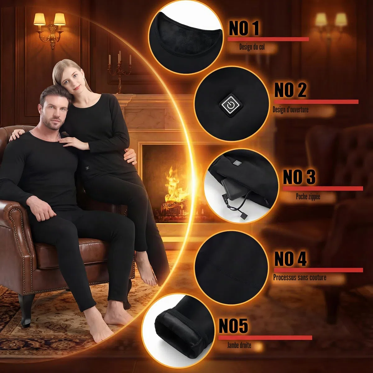 Ensemble de sous-vêtements Thermiques Chauffants pour Hommes d'hiver sous-vêtements Chauffants Chauffants intelligents USB à 28 Zones Convient aux d'hiver froids pour Le Ski