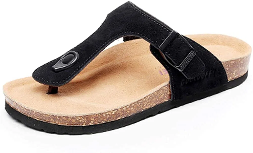 Femmes Slide Hommes Liège Semelle Sandales Plates Réglables en cuir Boucle Décontractée Peep Toe Chaussures Suede Tongs été
