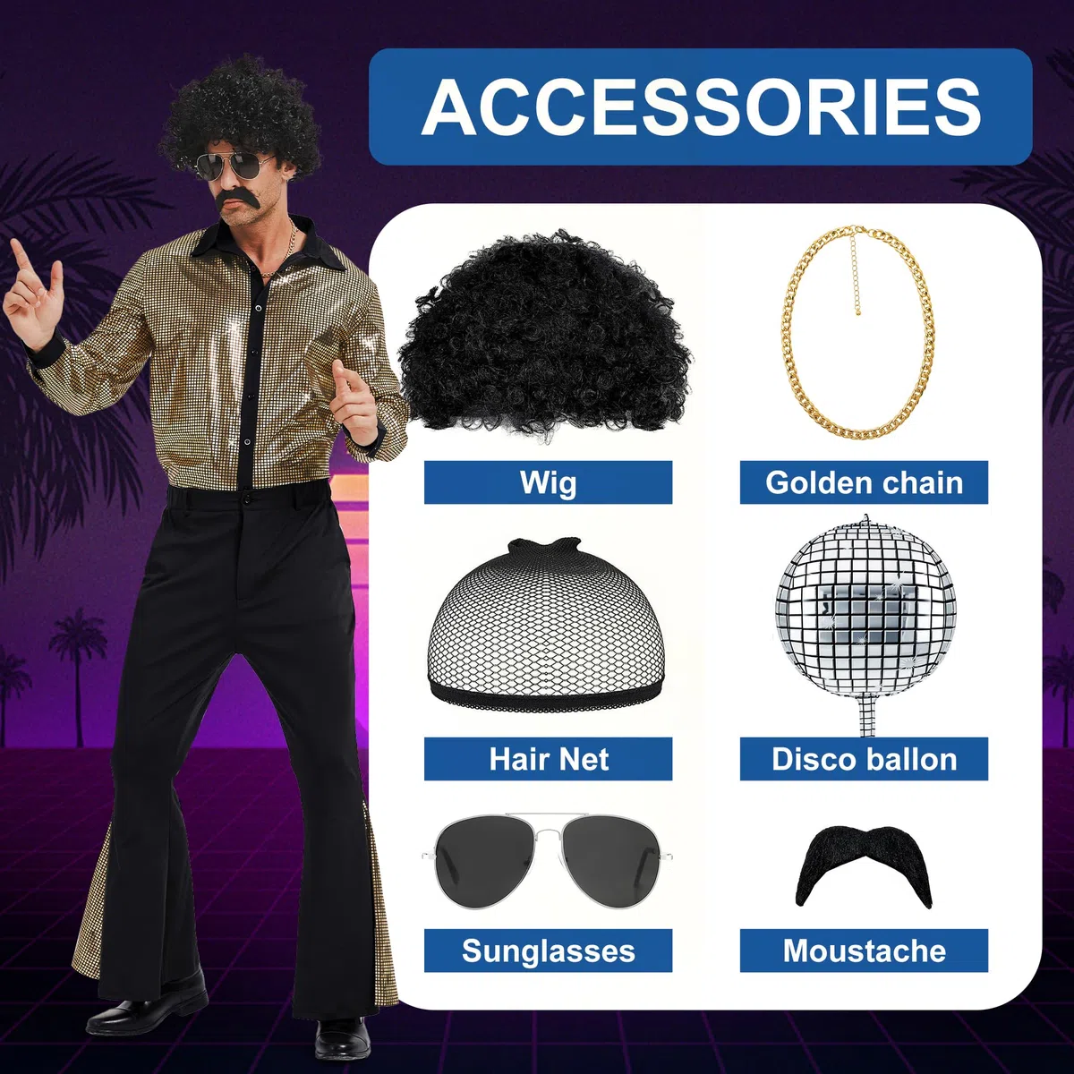 Déguisement Disco Homme,Deguisement Année 70 Homme,Chemise Tenue Disco Homme Costume de Carnaval