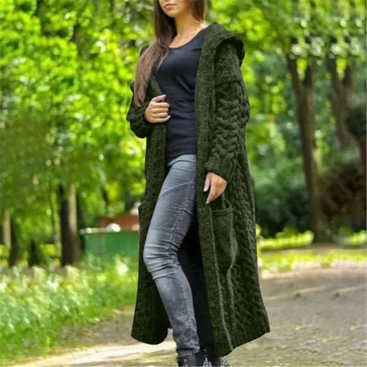 Gilets Femme Cardigan Femme - Casual Manteau Top Hiver Solide Tricoté Lâche À Capuche Manteau Long Cardigan Pull Poche Manteau Hiver Chaud Manteaux