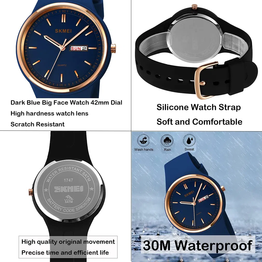 SKMEI Montre de sport pour jeune femme avec bracelet en silicone - Grand cadran - Étanche - Style décontracté - Simple - Quartz analogique - Jour - Date - Cadeau pour filles - Blanc