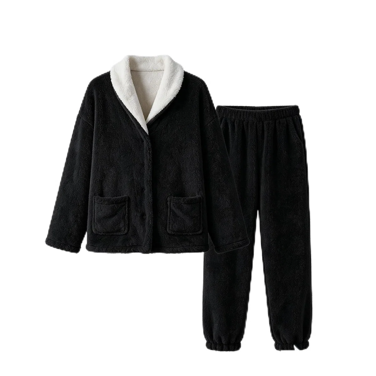 Jamicy Pyjama Femme Hiver Polaire Double Face Chaud Ensembles de Pyjama Femme Boutonné avec Poche Vêtement de Nuit Uni Costume de Maison Confortable Doux Tenue de Nuit 2 Pièces S-XL