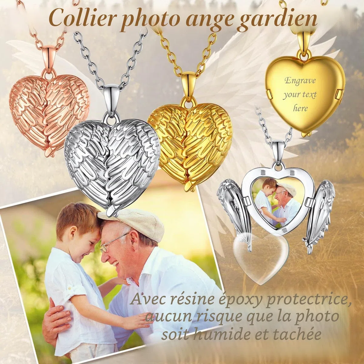 FindChic Personnalisé Photo Collier Coeur pour Femme Cuivre/Acier Inoxydable, Charm Aile d'Ange Pendentif Amour Prénom Personnalisable Enfant Maman Bijoux Noël
