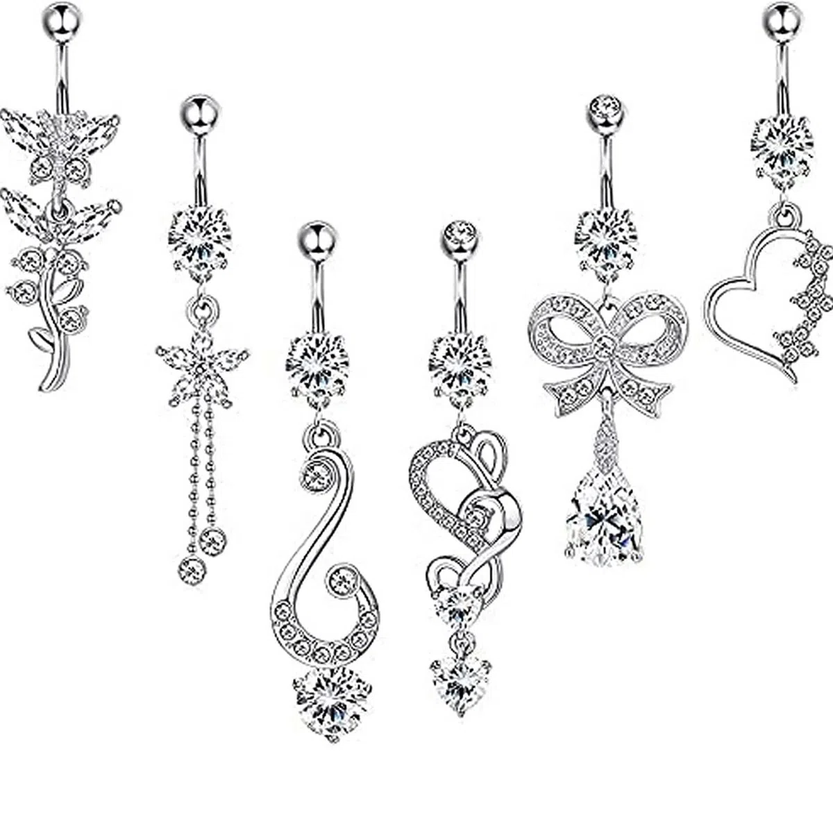 Percing au Nombril Coeur, Piercing Nombril Pendant Acier Chirurgical 14 Gauge Bijoux de Piercing Noeud Papillon Feuille avec Zircone