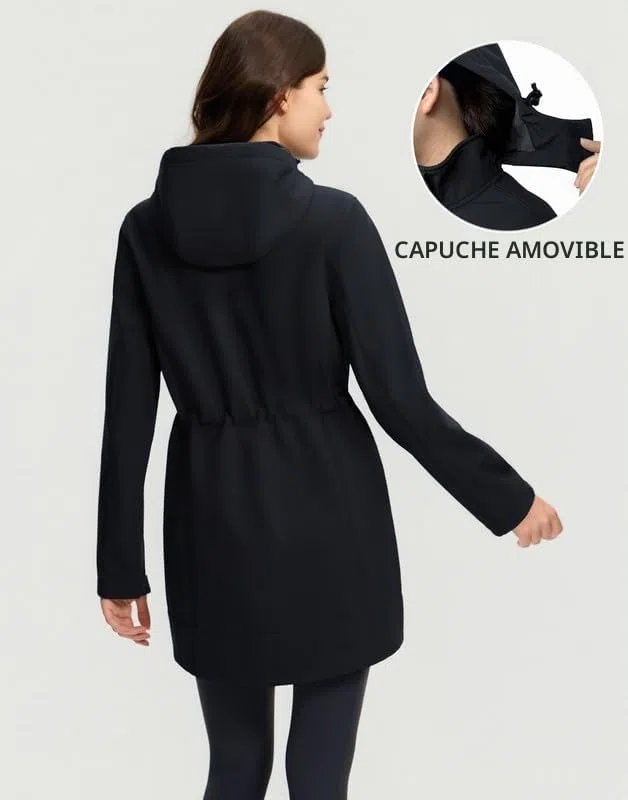 Pioneer Camp Softshell femme longue - vestes de randonnée softshell avec capuche - Imperméable et coupe-vent - Taille réglable - Parka de pluie avec fermeture éclair - Poches pour la randonnée