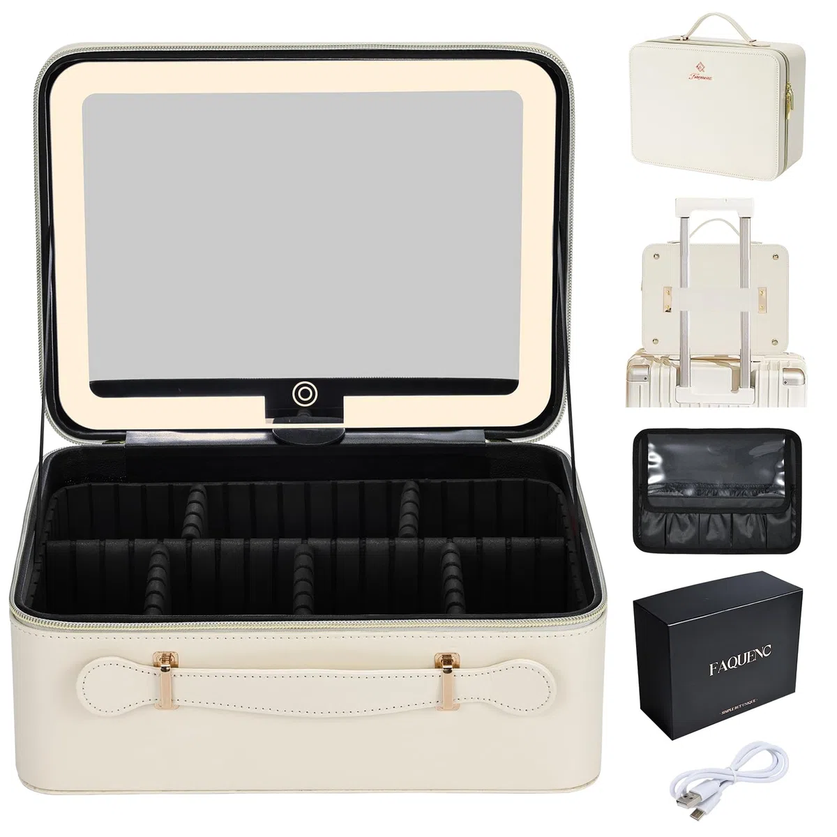 Grande trousse de maquillage avec miroir LED - Miroir lumineux amovible - En cuir synthétique - Portable - Avec séparateurs - Support pour pinceaux de maquillage - Blanc