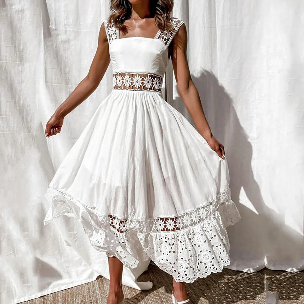 ARESU Dentelle Crochet Évider Robes Blanches Femmes sans Manches Dos Nu Vacances Décontracté Boho Robe Dames Lâche Plage Maxi Robe en Coton-Blanc-M