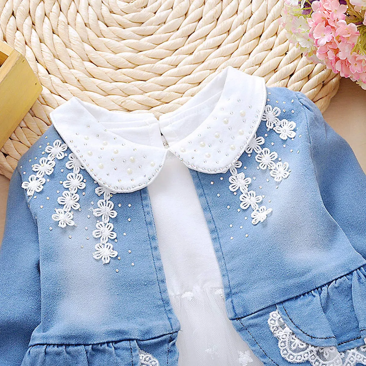 Ensemble Bébé Fille Printemps Automne Tenue en Jeans Enfant Fillette Casual Haut T-shirt Robe à Volant + Veste Pantalon en Denim Motif Fleur 3D Vêtement Naissance Lot de 3