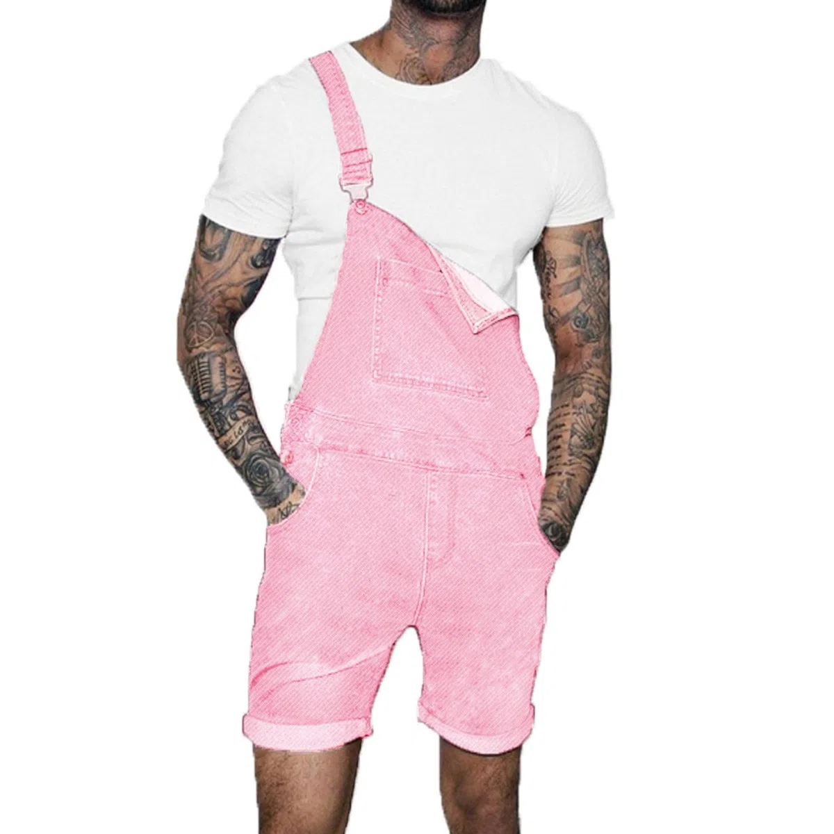 Salopette en jean pour homme - Short d'été - Combinaison en jean - Salopette cargo baggy - Pantalon de travail court - Coupe ample - Vintage - Avec poches