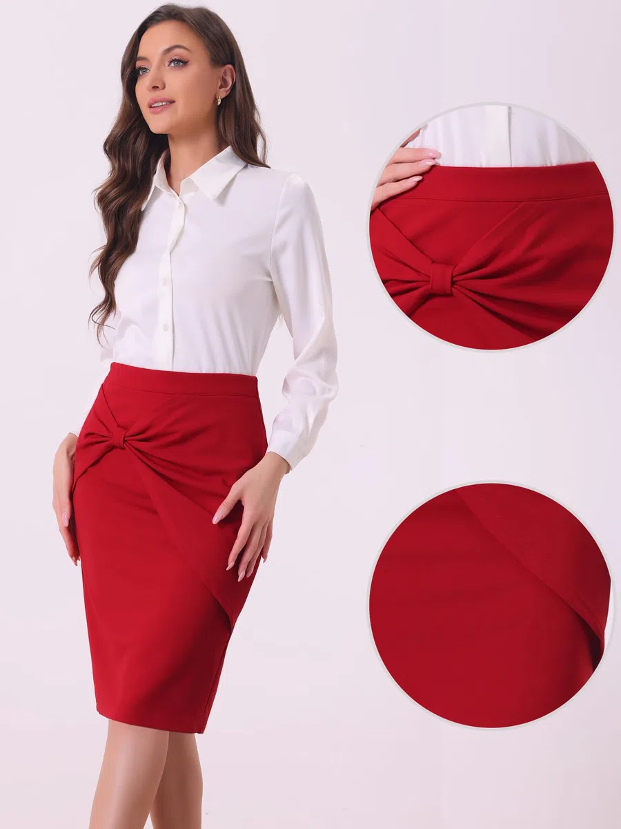 Allegra K Jupe de travail pour femme 2025 froncée taille haute longueur genou jupes crayon moulantes