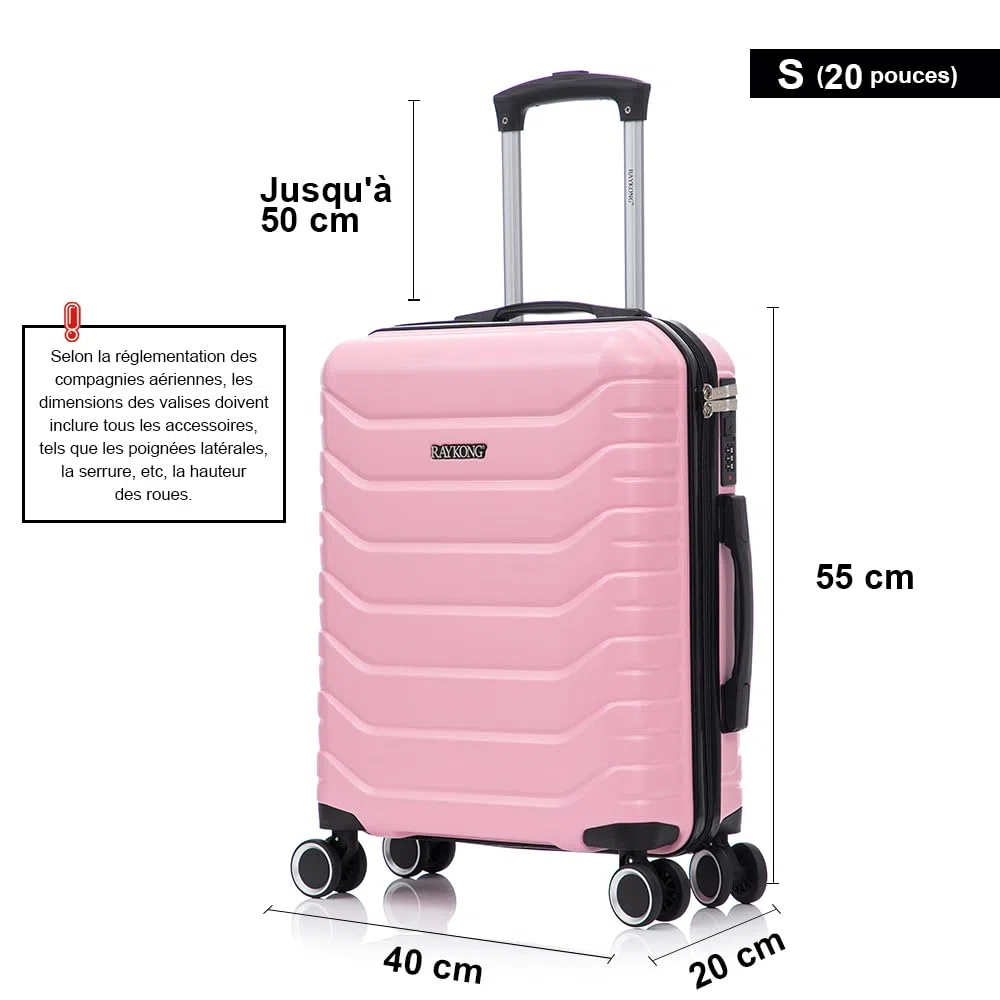 RAYKONG Valise Cabine 55x40x20cm (40L) Polycarbonate - Serrure integrée - 20 Pouces - (RK12|Rose)