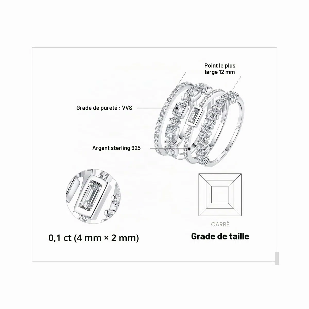 JewelryPalace Carre Vintage Eternite Bague Taille Princess Cubic Zirconia Pierre Argent Massif 925 Femme, Empilable Fin Bague Fiançailles Mariage Promesse Anneau Alliance, Ensemble Bijoux Mariage