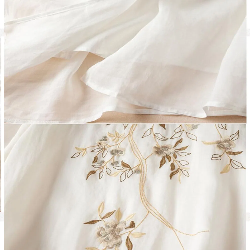 Robe Longue en Coton et Lin brodée de Fleurs pour Femme, Robe bohème en Coton et Lin, Robe d'été Classique à Manches mi-Longues et col Rond