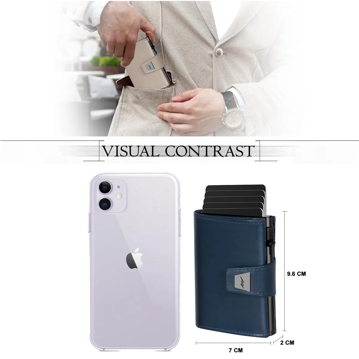 Marc Peter Portefeuille fin pour homme avec compartiment à monnaie et protection RFID, portefeuille en cuir, 9 compartiments pour cartes de crédit, étui pour cartes de crédit, petit homme, bleu
