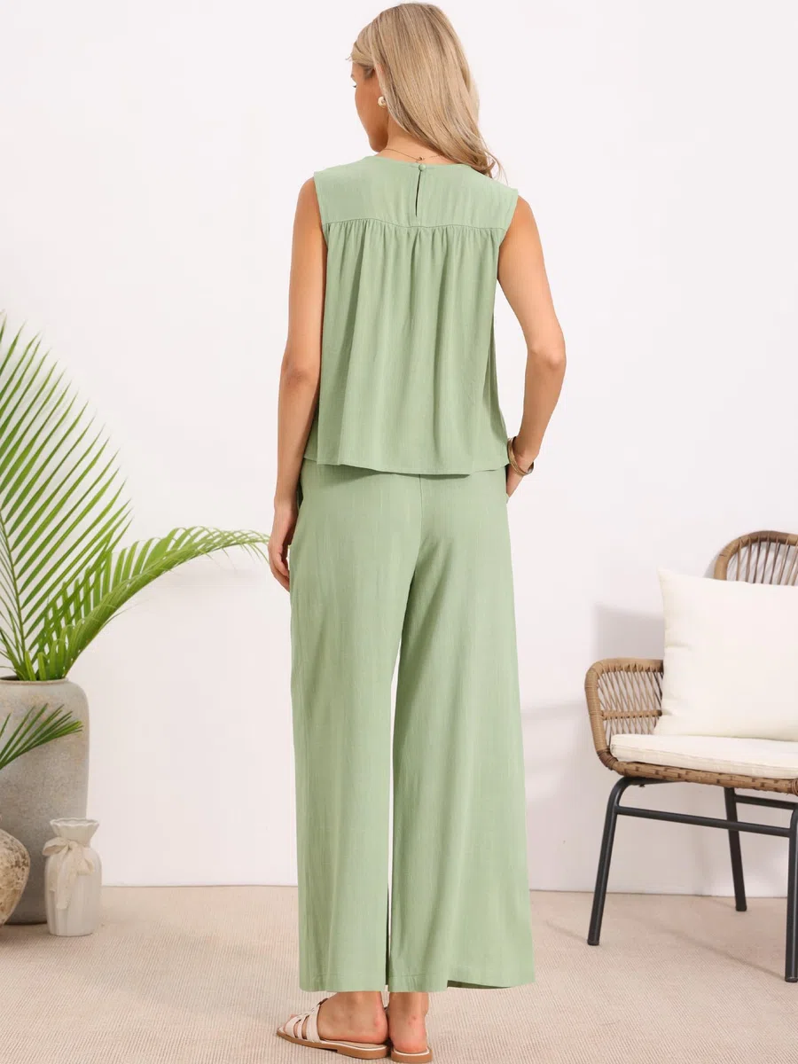 Allegra K Ensembles Décontractés 2 Pièces pour Femmes Été Pantalon Débardeur Plissé Léger Pantalon Large à Cordon de Serrage