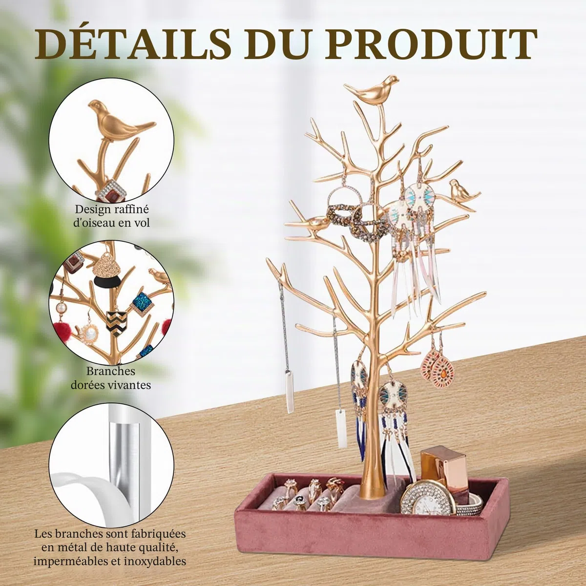 Porte Bijoux Presentoir Arbres, Range Bijoux Femme Arbre, Présentoir à Boucle d'Oreilles avec Plateau, Présentoir Bijoux Arbre pour Boucles d'Oreilles, Colliers, Bracelets, Bagues (Or)