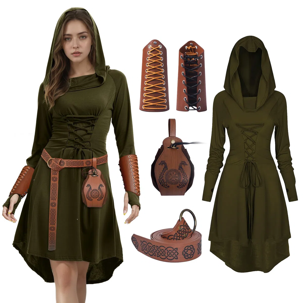 Costume d'elfe Renaissance pour femme, vêtements médiévaux gothiques, robe à capuche avec corset et accessoires de ceinture pour fêtes d'Halloween