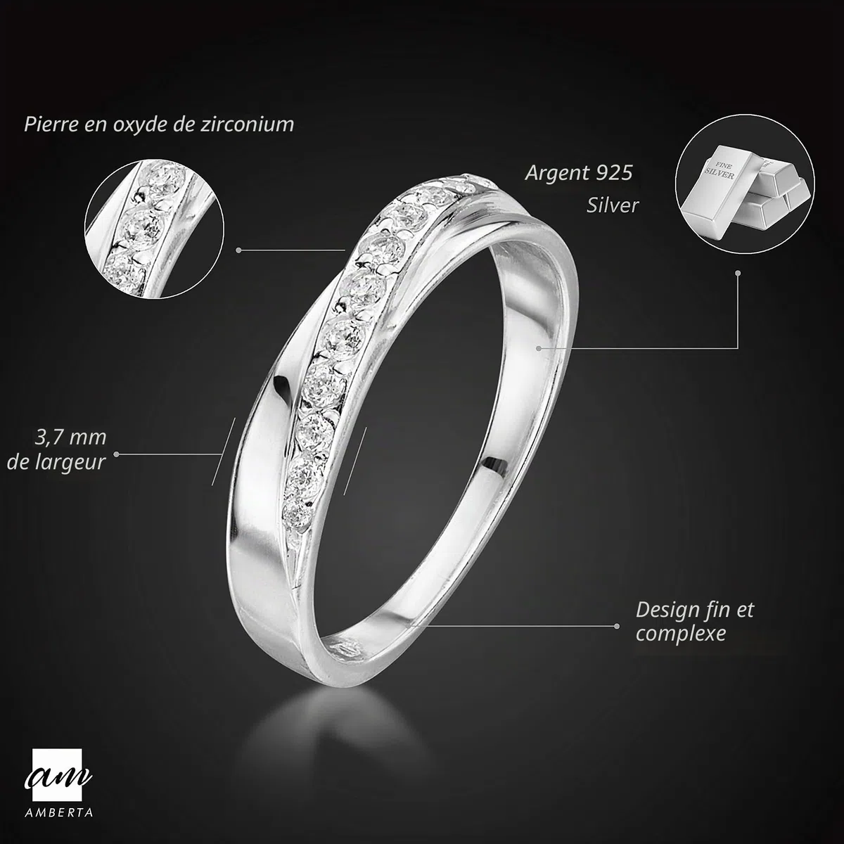 Amberta Bague en Argent 925 avec Pavé de Zirconium pour Femmes