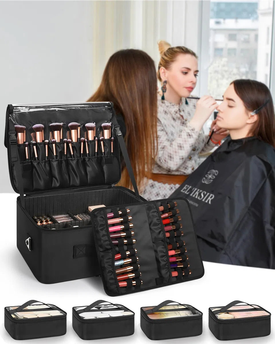 Relavel Trousse de Maquillage Professionnelle Extra Large avec 4 Sacs Transparents et Plateau à Rouge à lèvres pour maquilleurs