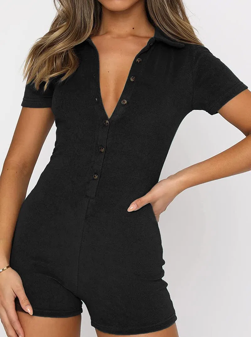 Combinaison moulante à manches courtes pour femme - Couleur unie, Noir , S