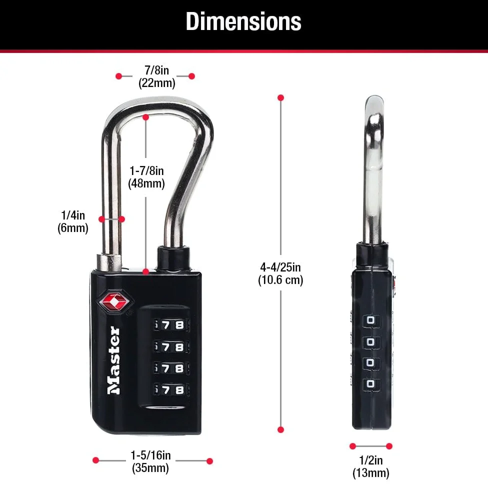 Master Lock 4696EC4 Lot de 4 cadenas à combinaison personnalisable, cadenas de valise accepté par la TSA, 3,33 cm, large, noir