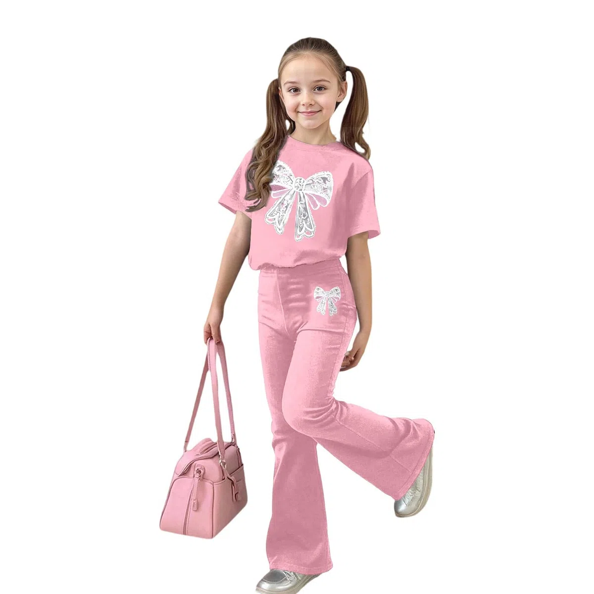 Ensemble Fille, Décontracté Pour Filles : Haut À Manches Courtes Avec Nœud Et Pantalon Long, Deux Pièces Confortables Pour Jouer, Idéal Pour Les Événements