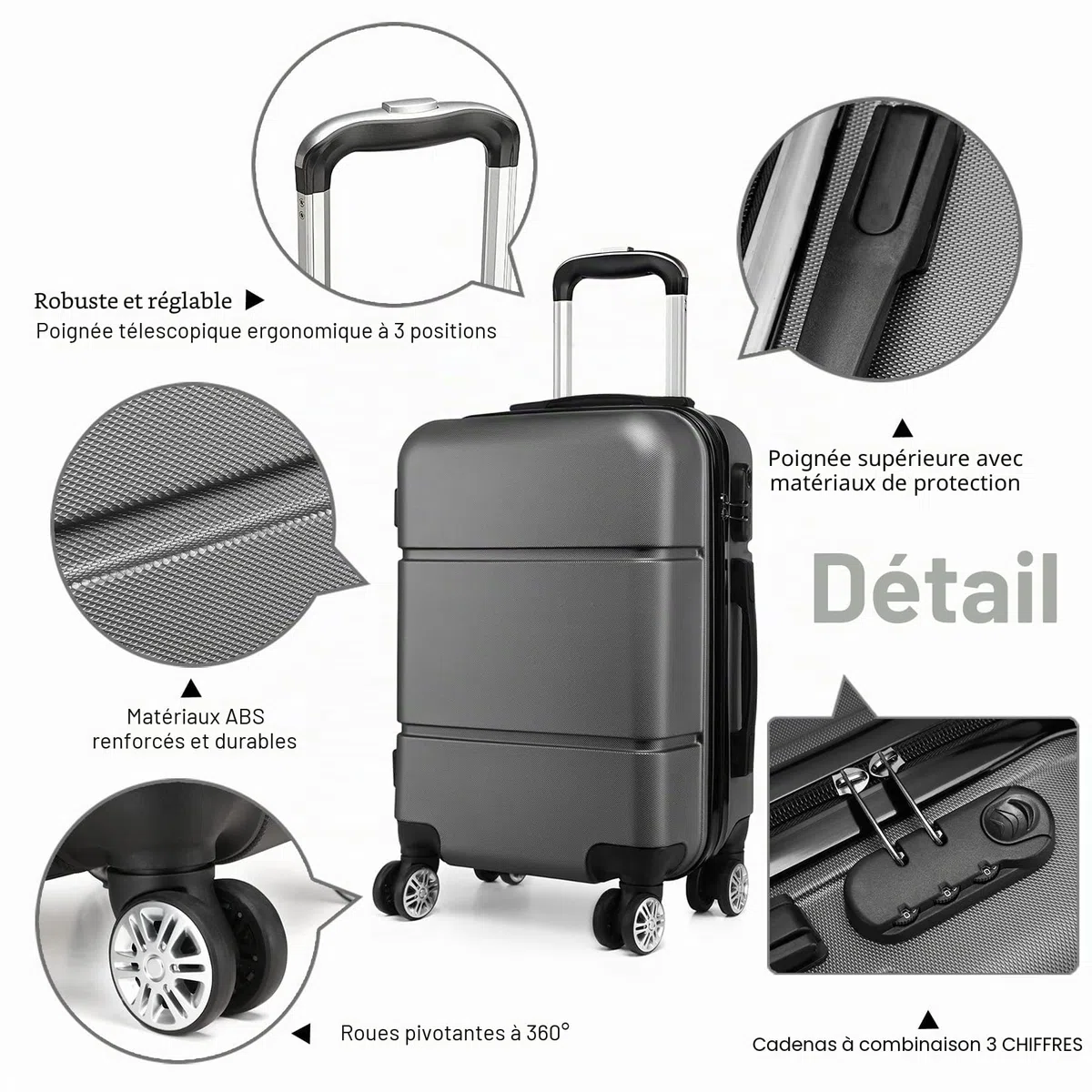 Kono Valise Cabine Rigide Bagages à Main à roulettes Légere ABS 56x38x23 cm Valises 33L Trolley de Voyage, Gris