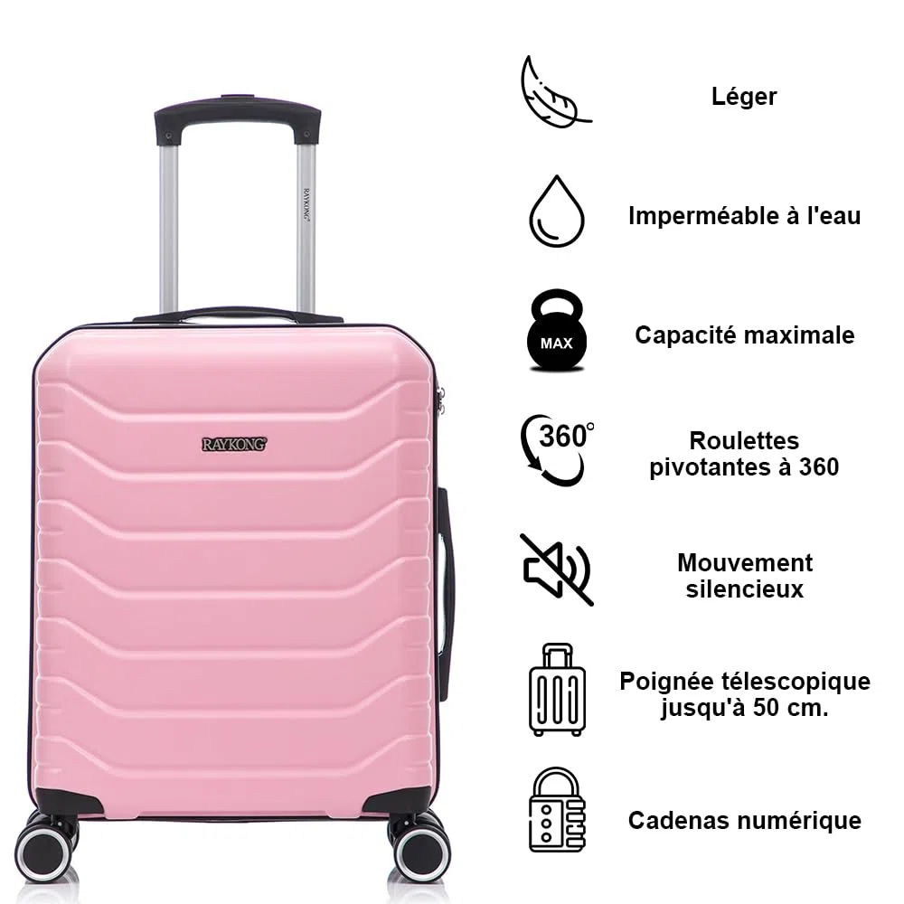 RAYKONG Valise Cabine 55x40x20cm (40L) Polycarbonate - Serrure integrée - 20 Pouces - (RK12|Rose)