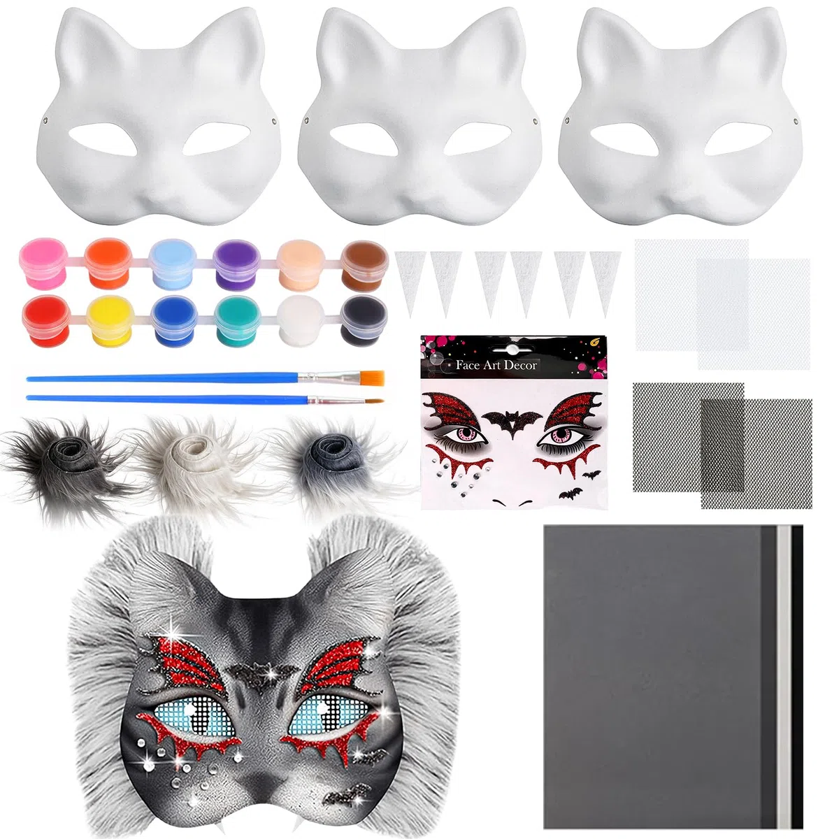 Masque thérien pour chat - Masque de furry - Film en maille plastique - Fourrure synthétique - Pinceau en maille - Couleurs pour cosplay et Halloween