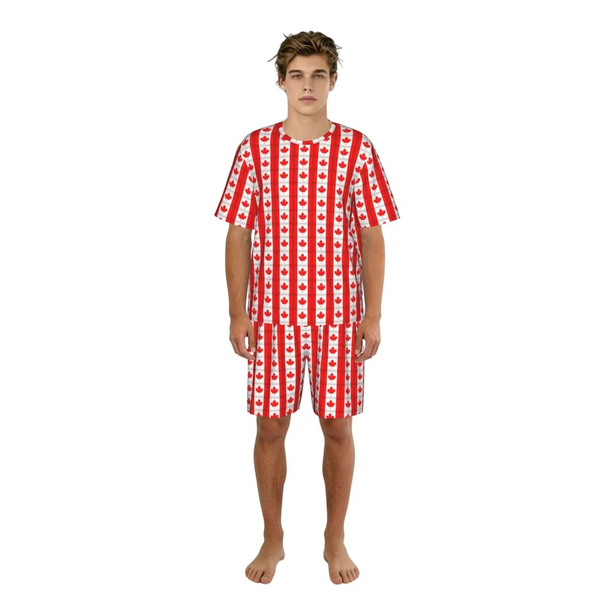 Ensemble de pyjama à manches courtes pour homme imprimé drapeau canadien, vêtements de nuit, ensemble de détente respirant et confortable