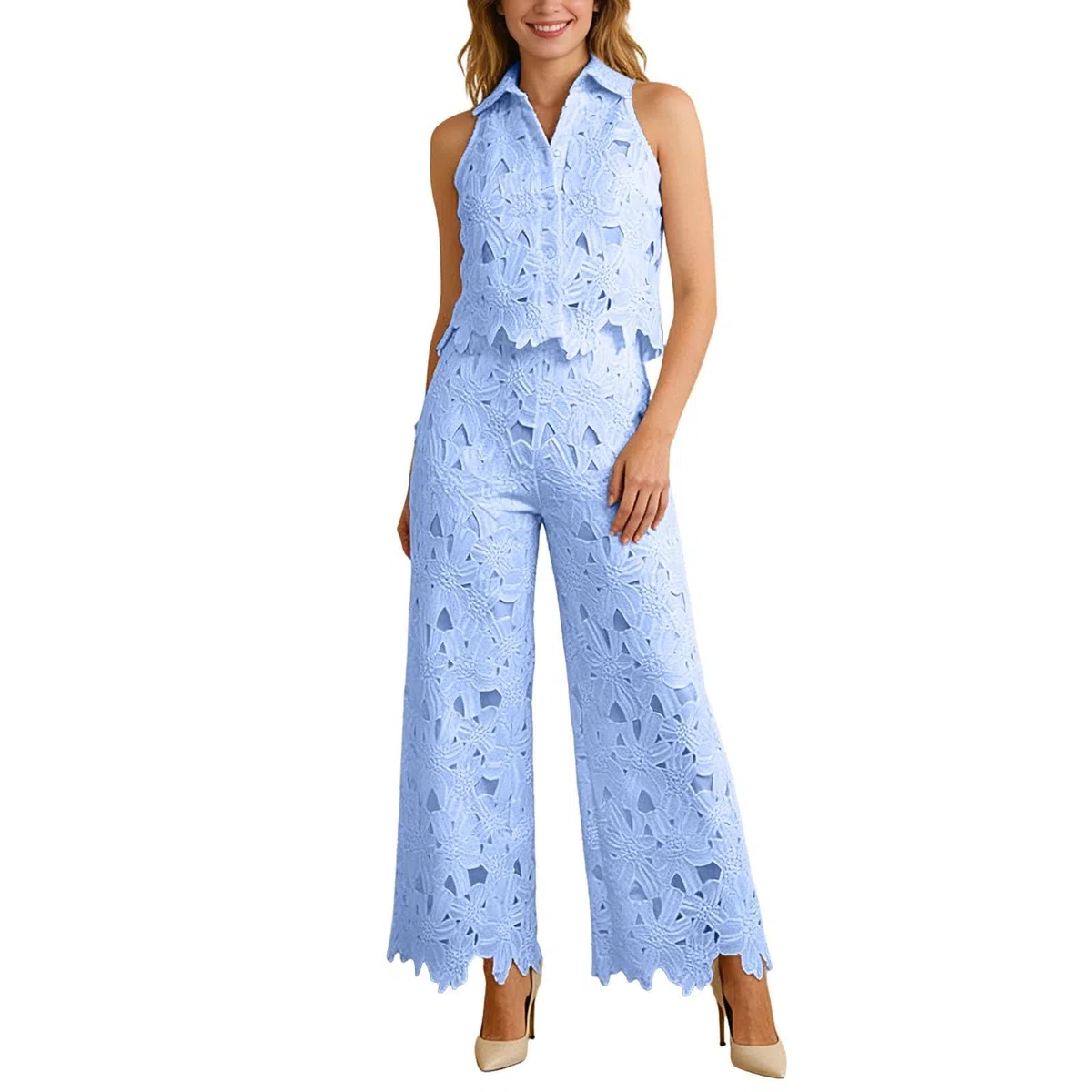 Ensemble Jogging Femme, Tenue De Sport Femme Grande Taille Ensemble Deux PièCes Composé d'un Gilet en Dentelle AjouréE à Revers d'un Gilet Court sans Manches à Fleurs et d'un Pantalon à Jambes Larges