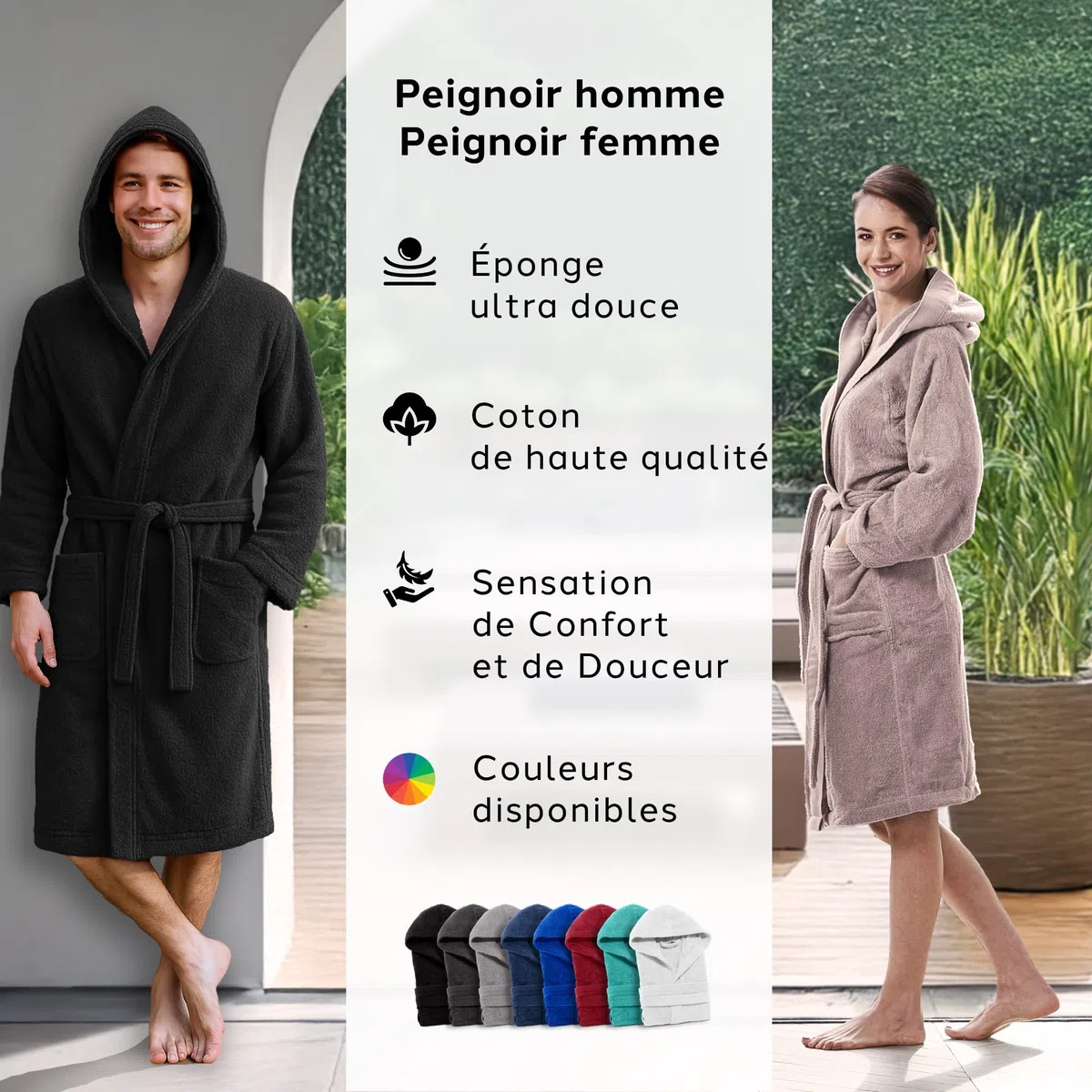 Caleffi Peignoir pour homme, peignoir pour femme en éponge de coton, peignoir pour homme, éponge avec capuche, peignoir de piscine, doux et absorbant, séchage rapide
