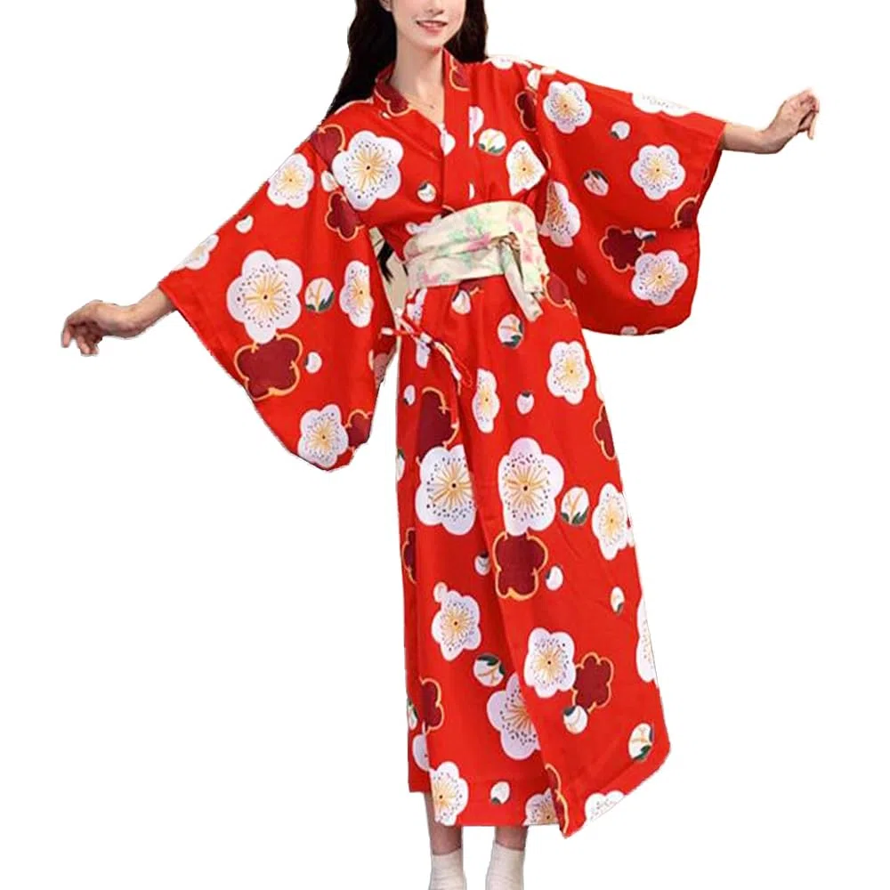 Robe kimono Yukata sexy en satin avec motif Sakura pour femme, robe de bain traditionnelle pour cosplay, robe longue