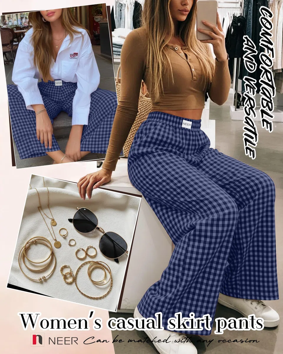 Neer Pantalon Femme Carreaux Vichy Taille Haute Élastique Fluide Large Coupe Palazzo avec Poches | Pantalon jupe, carreaux, jupes, fluide, ample, surdimensionné, pantalon habillé, pantalon de pyjama, taille élastique
