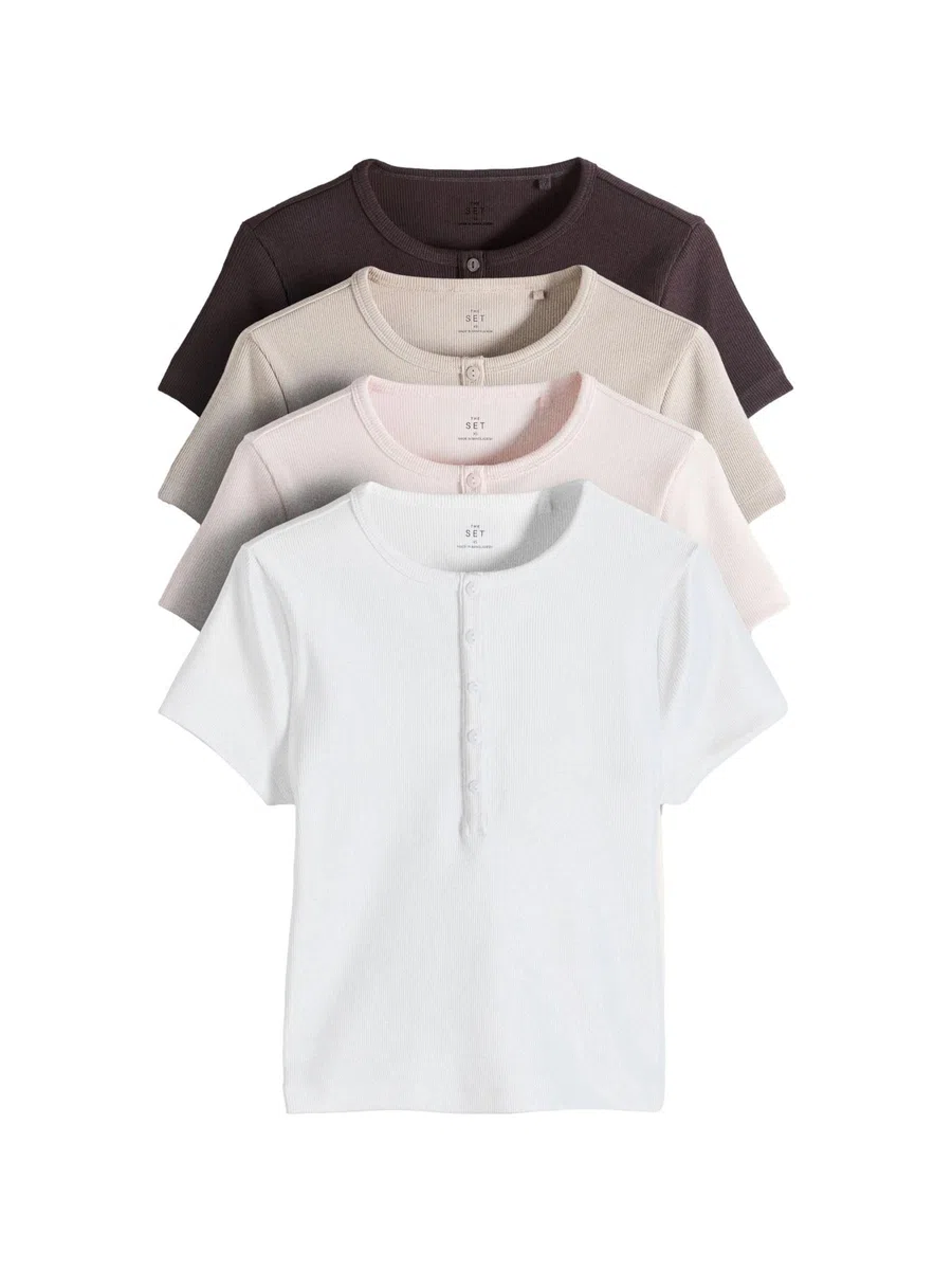 THE SET Femme T-Shirt côtelé à col boutonné et Manches Courtes, Lot de 4 | Coupe standard