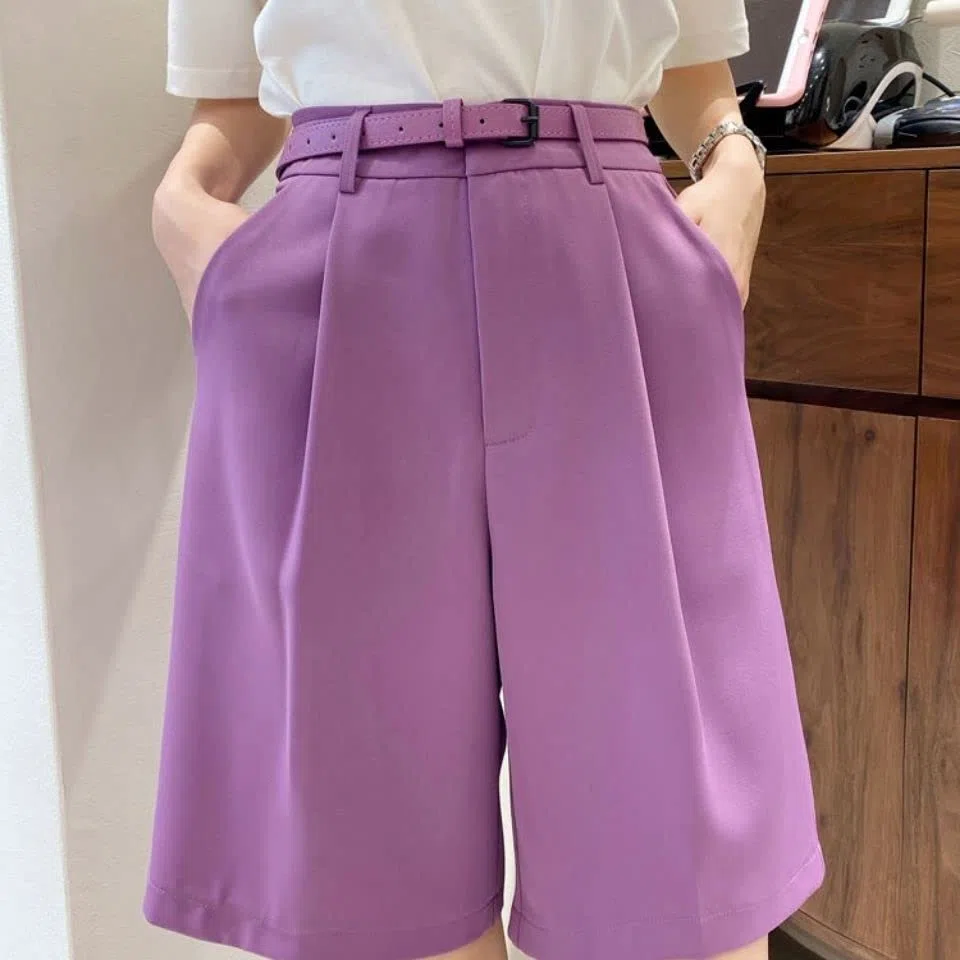 Short Femmes Couleur Solide Haute Taille Tout-Match Five Points Suit Shorts avec Ceinture