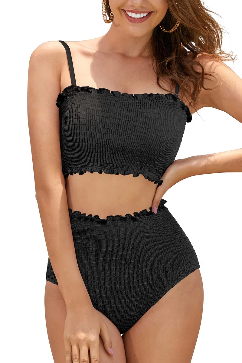 SHEKINI Femmes Bikini Set Texture ombilical Bandeau Bikini Tops Taille Haute Abdominale Bikini undermount plissé Deux pièces Maillots de Bain (Noir, Medium)