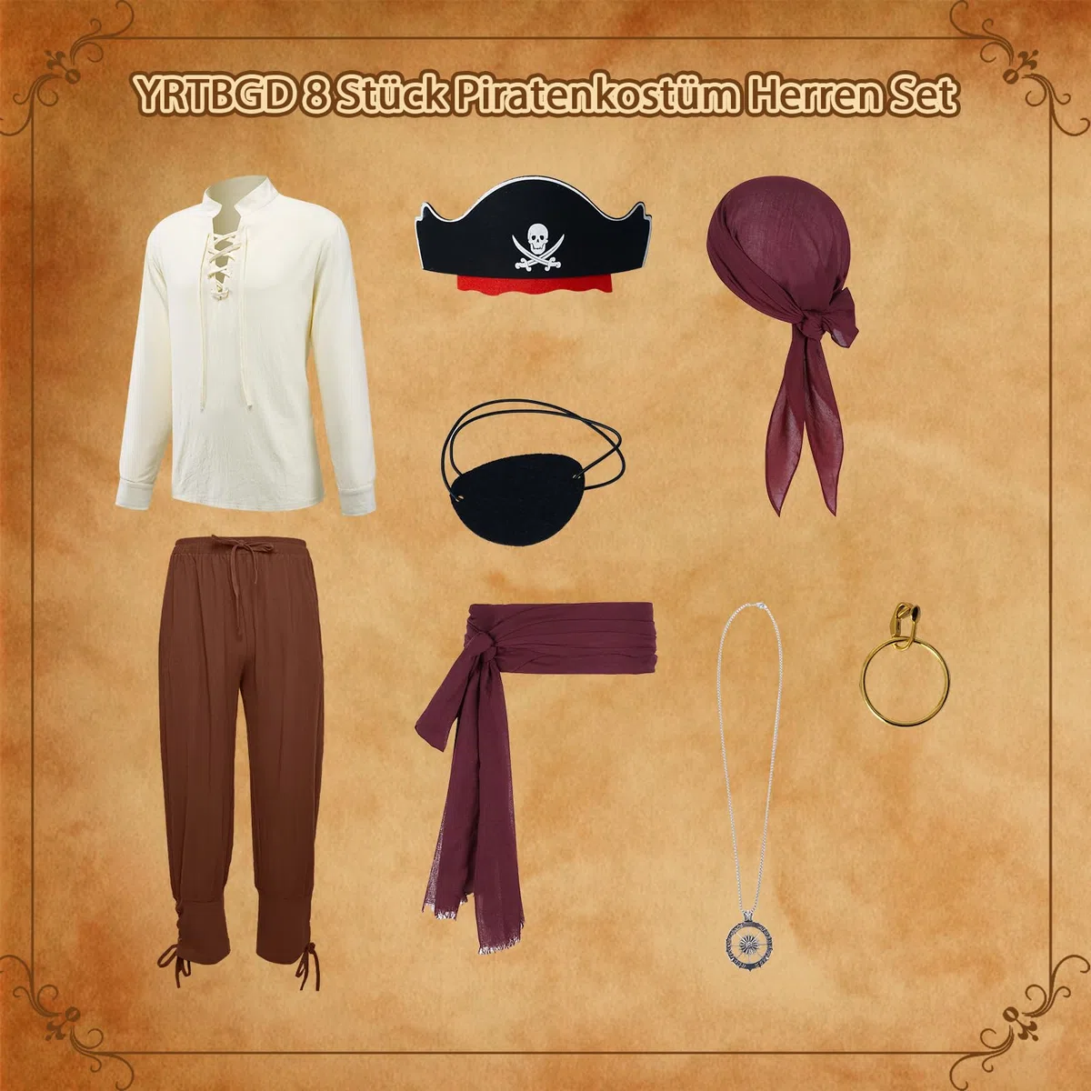 Costume de pirate pour homme, vêtements médiévaux, chemise médiévale, pantalon, bandana, ceinture, cache-œil, collier, boucles d'oreilles, pour Halloween, carnaval