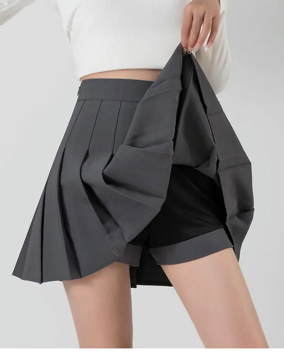 Short doublé pour Filles et Femmes, Taille Haute, Jupe plissée Unie, Uniforme Scolaire, Ligne A, Harajuku-2159SKQ-M