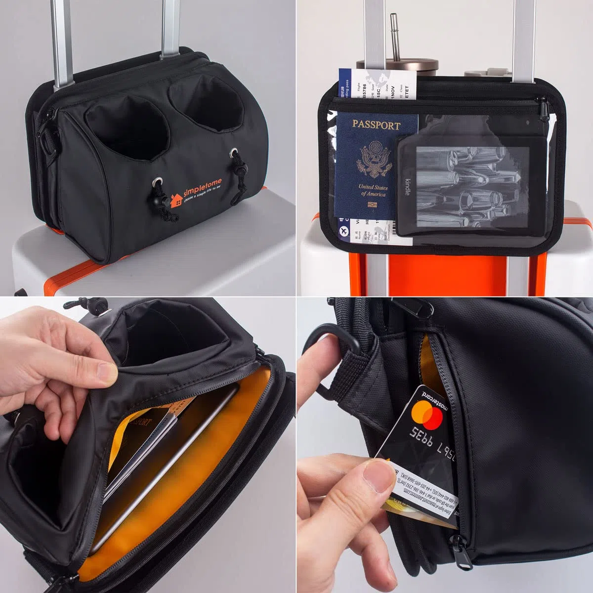 simpletome 4 en 1 Porte Gobelet de Valise Porte Boissons de Bagage avec Poches pour Passeport Tasse Téléphone et Ipad Voyage et d'affaires de Accessoires Valise Tasse (Noir) (Noir)