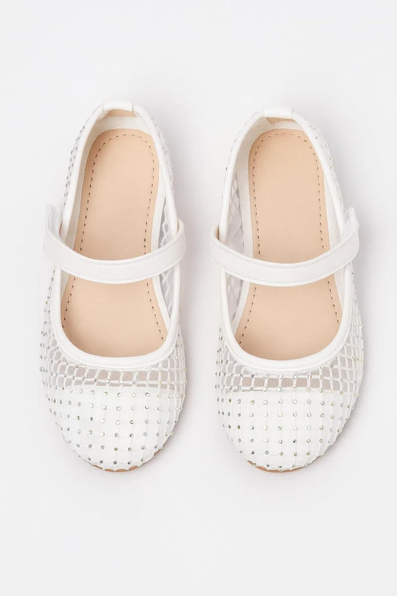 SIRRI Ballerines Mary Jane en Maille Ivoire pour Filles, Chaussures à Brides Auto-agrippantes et cloutées
