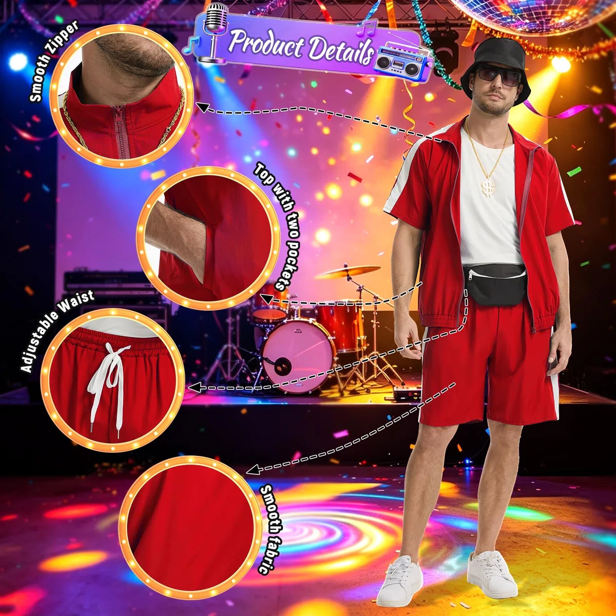 Costume de rappeur des années 80 et 90 pour homme et femme - Hip Hop Old School Survêtement pour fête à thème, Halloween, carnaval