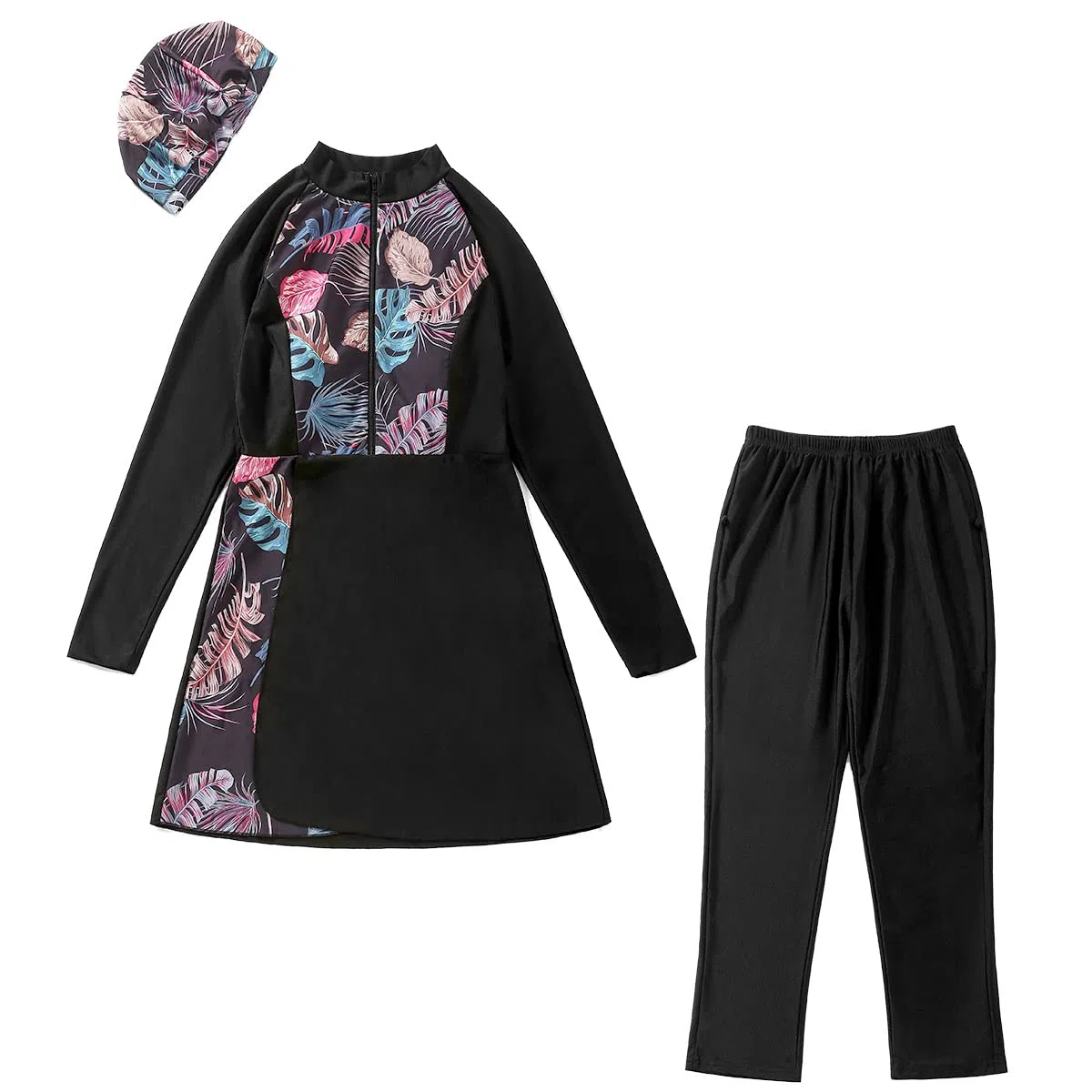 Maillot de bain 3 pièces pour femme musulmane - Burkini islamique - Couverture complète - Haut de bain à manches longues avec pantalon - Hijab - Tankini - Tenue de plage d'été