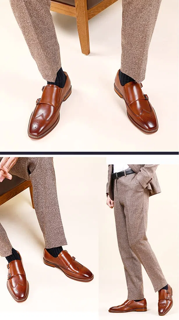 Santimon Homme Cuir Double Monk Chaussures à Boucle de Ville Wingtip Brogue Habillées Business Casual Derby Loafer Noir Marron