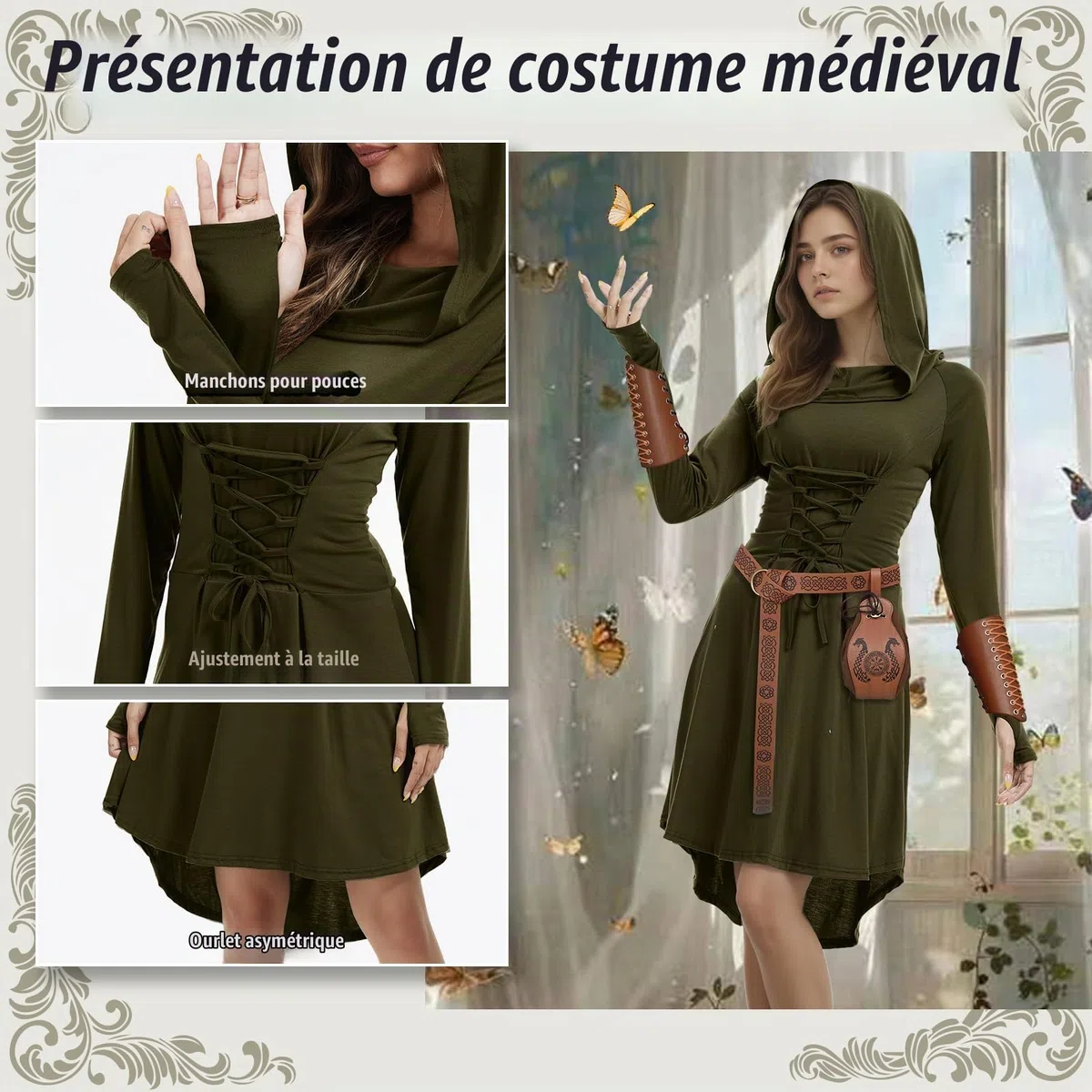 Costume d'elfe Renaissance pour femme, vêtements médiévaux gothiques, robe à capuche avec corset et accessoires de ceinture pour fêtes d'Halloween