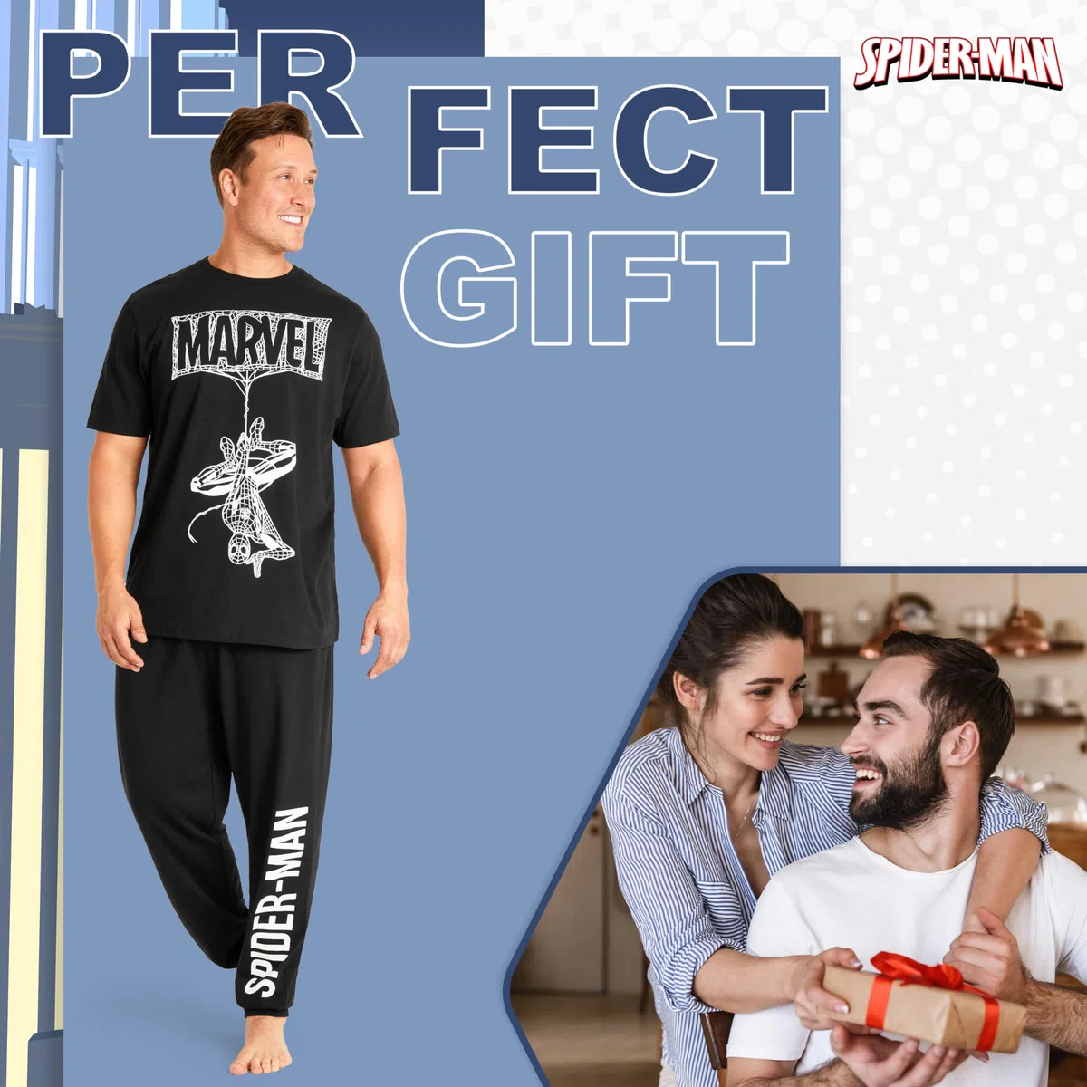 Marvel Pyjama Homme Long avec Poches Pyjama Spiderman Adulte Vêtements de Nuit Homme Taille M-3XL
