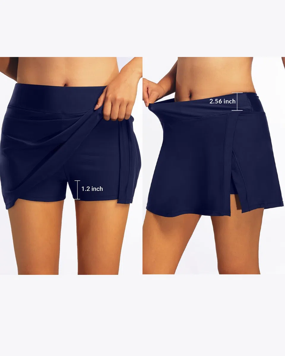 Aqua Eve Jupe de bain gainante pour femmes, jupe fendue avec short intégré, taille haute, bleu marine, Taille M