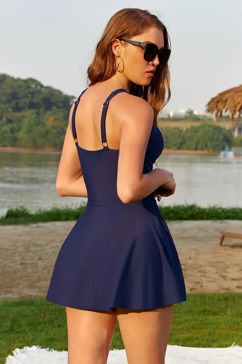SHEKINI Maillot de Bain Une Pièce Femme - Col Rond Coupe Ajustée Maille Ajourée Maillot de Bain Jupette