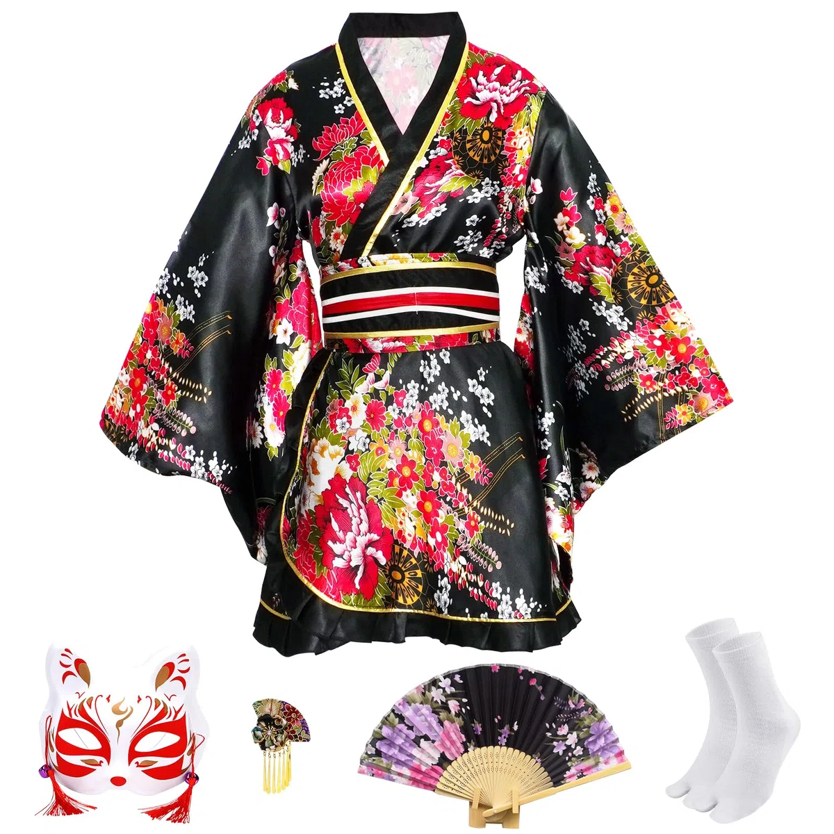 Kimono Japonais Femme Court,Yukata Imprimé Floral avec Accessoires | Kimono Été, Taille Unique, Ensemble avec Éventail, Maske, Cheveux, Coffret Cadeau, Ideal pour Carnaval, Fête, Anime-Con